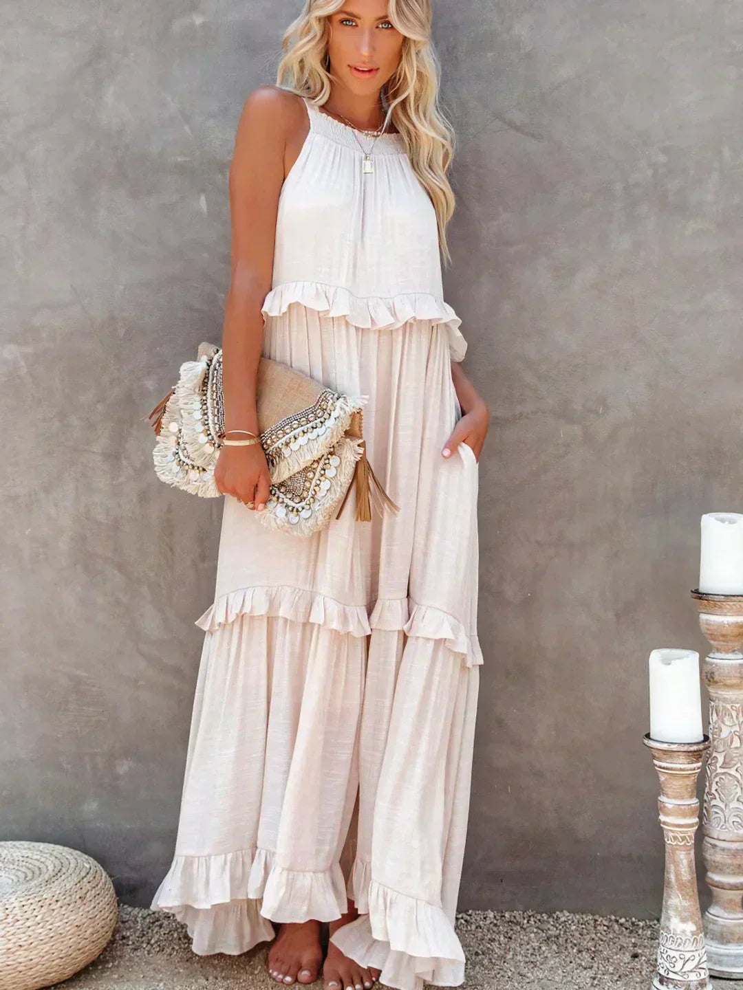 Apolline | Robe longue à volants et à rabats