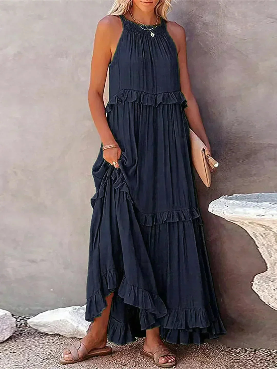 Apolline | Robe longue à volants et à rabats