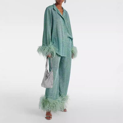 Marine | Ensemble deux pièces avec collier en plumes